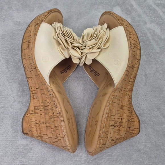 Born Women Cream Leather Flower Cork Wedge Slide Sandals W81838 10 Y2K Safflower - Picture 9 of 11